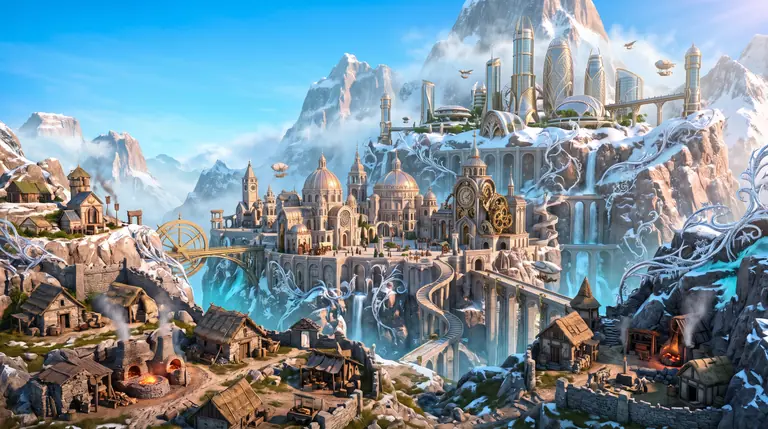 Una metropoli disposta su terrazze montane che mostra l'evoluzione architettonica dall'Età della Pietra al Rinascimento fino a cupole futuristiche.