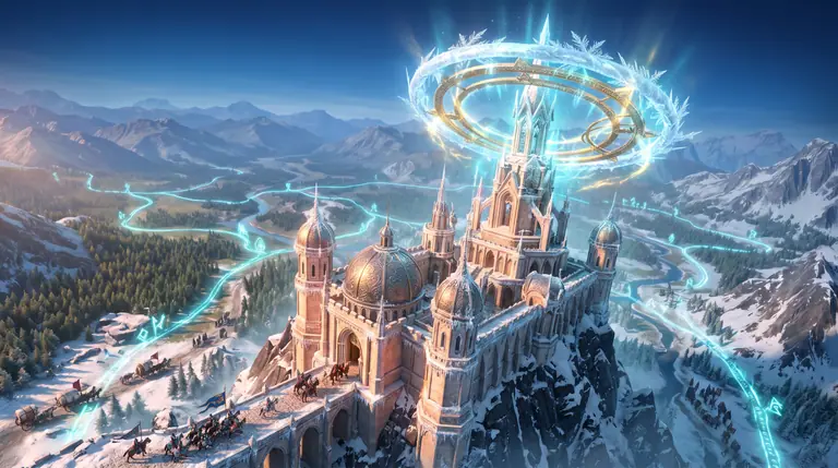 Una cittadella fantasy di marmo e ottone circondata da carovane mercantili, eserciti in marcia e una guglia arcana avvolta da anelli di brina luminosa.